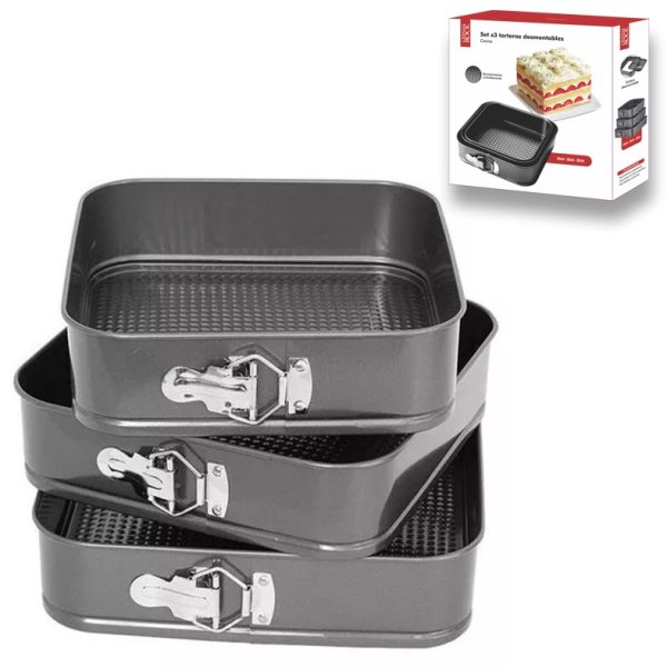 SET * 3 MOLDES TORTERAS CUAD. DESMONTABLES 24/26/28CM