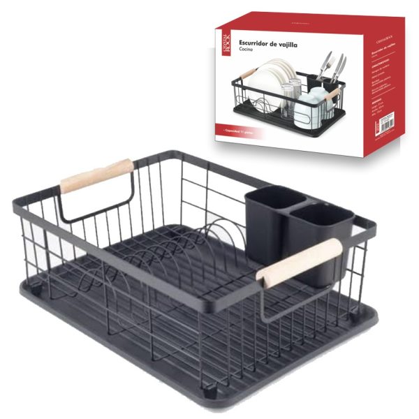 ESCURRIDOR PLATOS METAL PINTADO ASAS MADERA